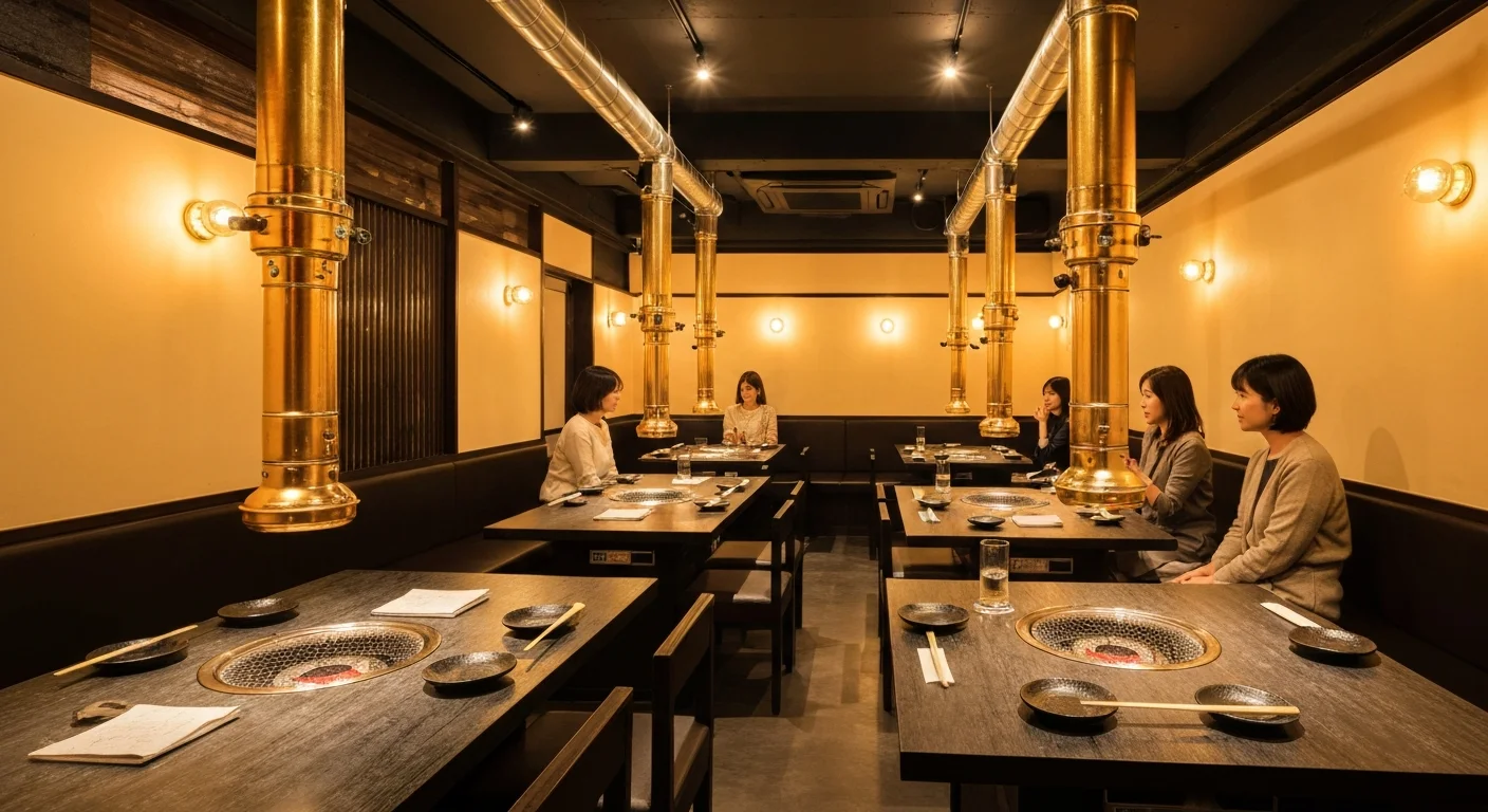 暖色の照明に包まれた店内全景と焼肉テーブル、グラスを置けるゆとりのある客席