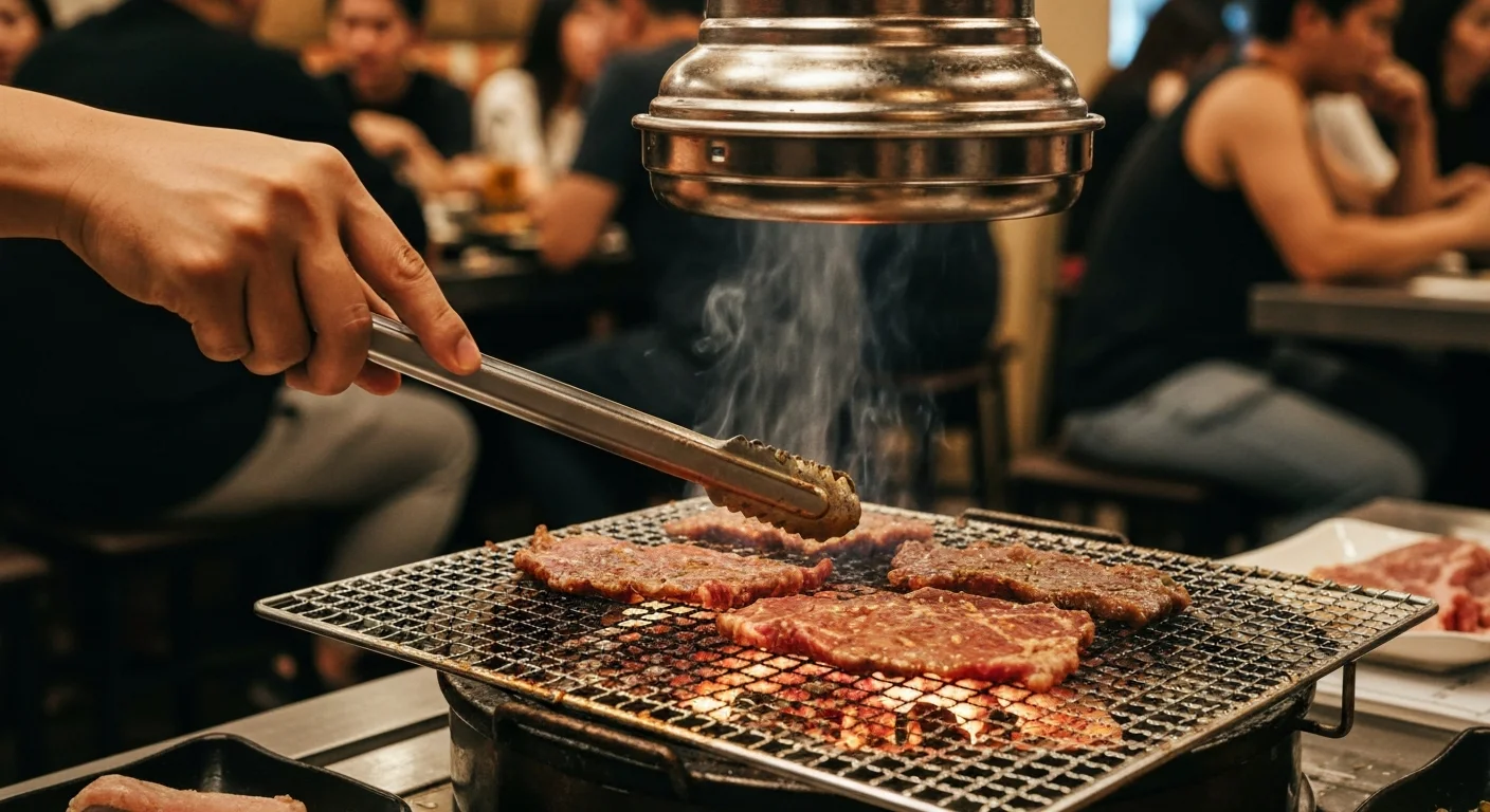 炭火の上で焼き網に肉をのせる手元と立ちのぼる煙